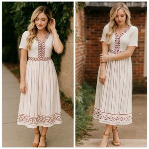 Polagram White Embroidered Boho Midi Dress Size L